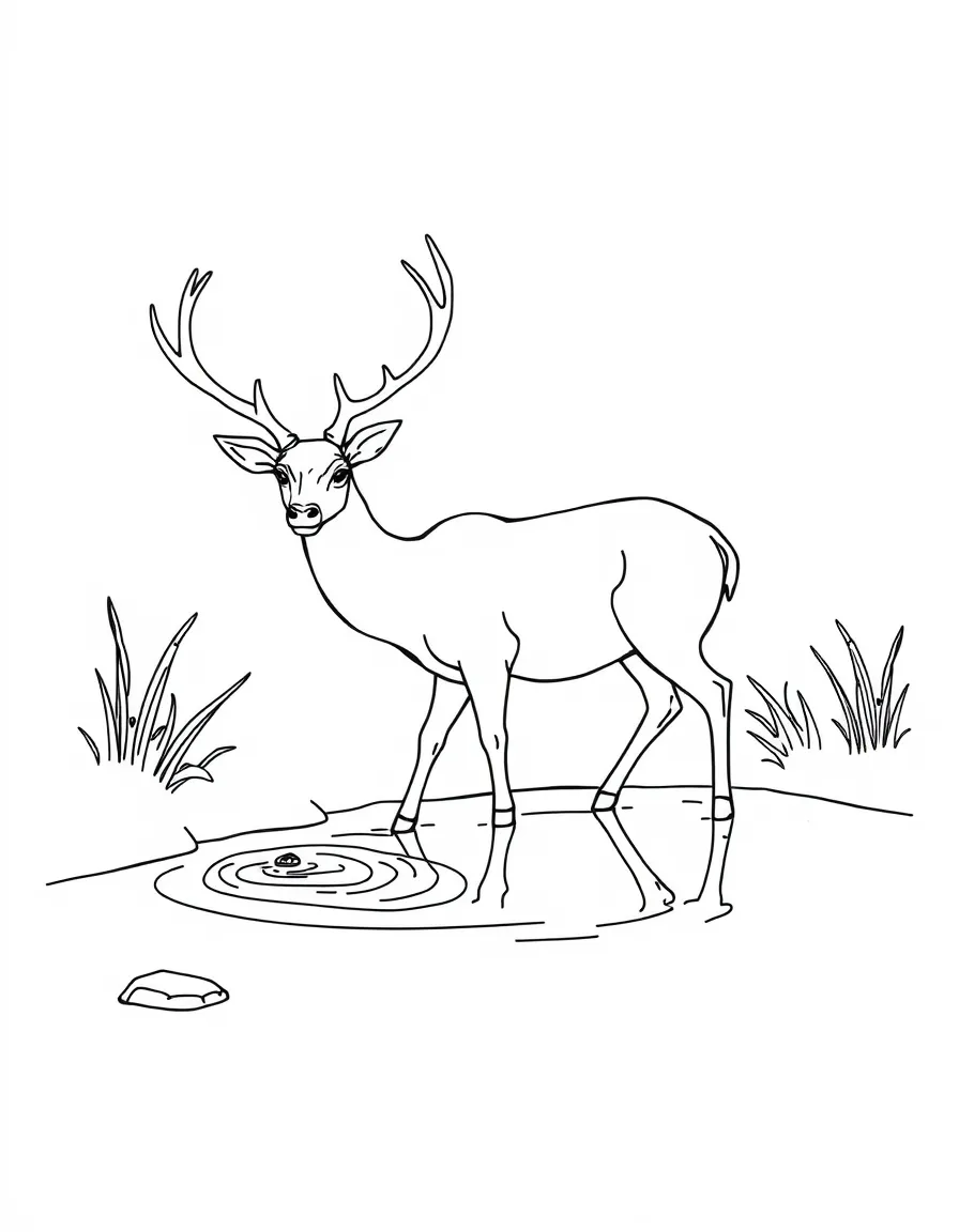 A deer drinking water from a calm river.