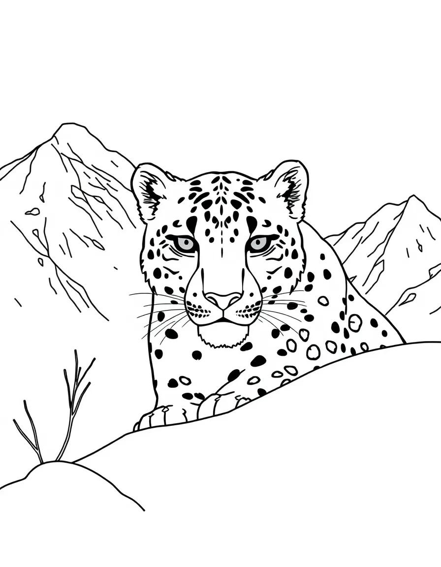A snow leopard camouflaged in a snowy mountain landscape.