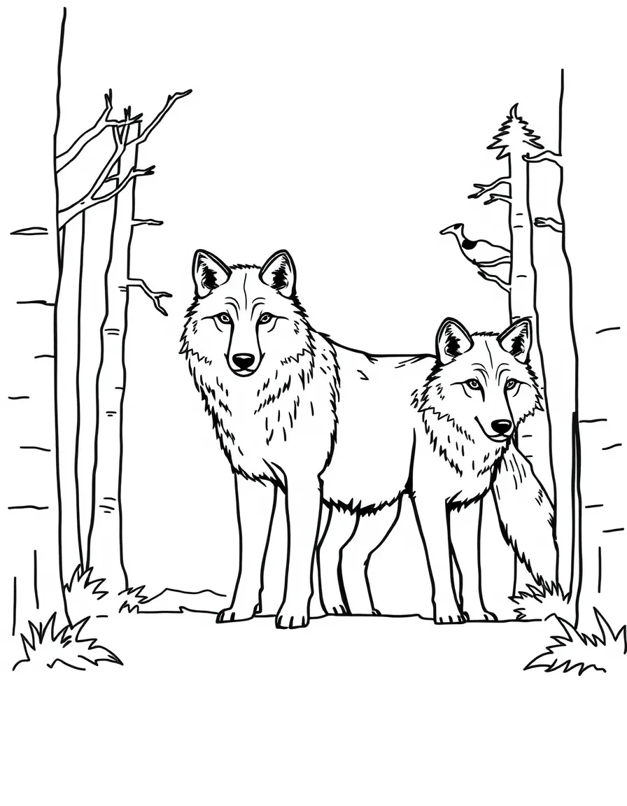 A wolf pack standing together in the woods.