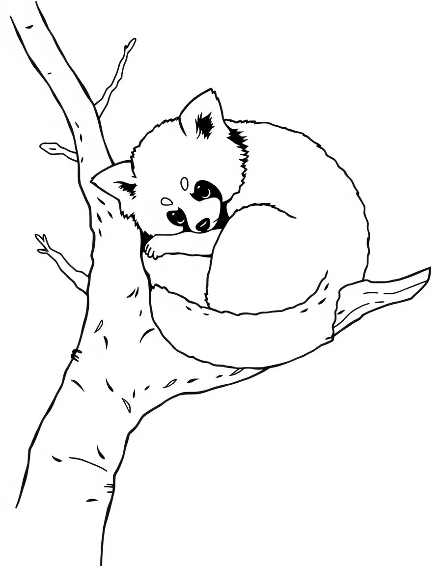A red panda curled up on a tree branch.