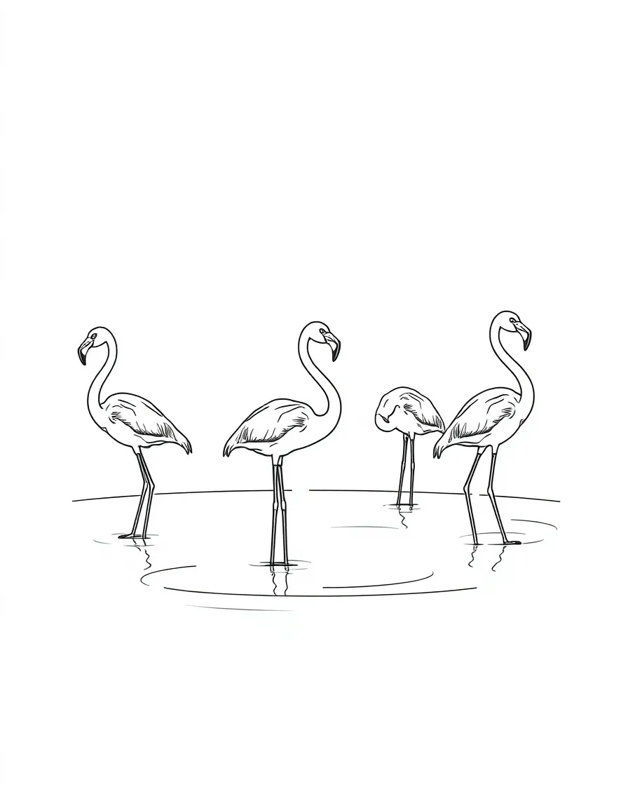A group of flamingos standing in a shallow lagoon.