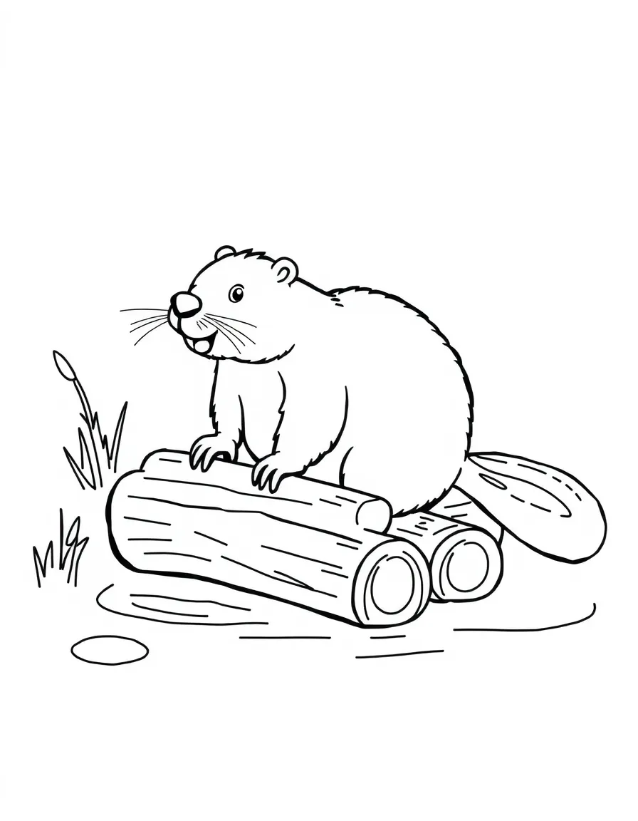 A beaver building a dam with wooden logs.