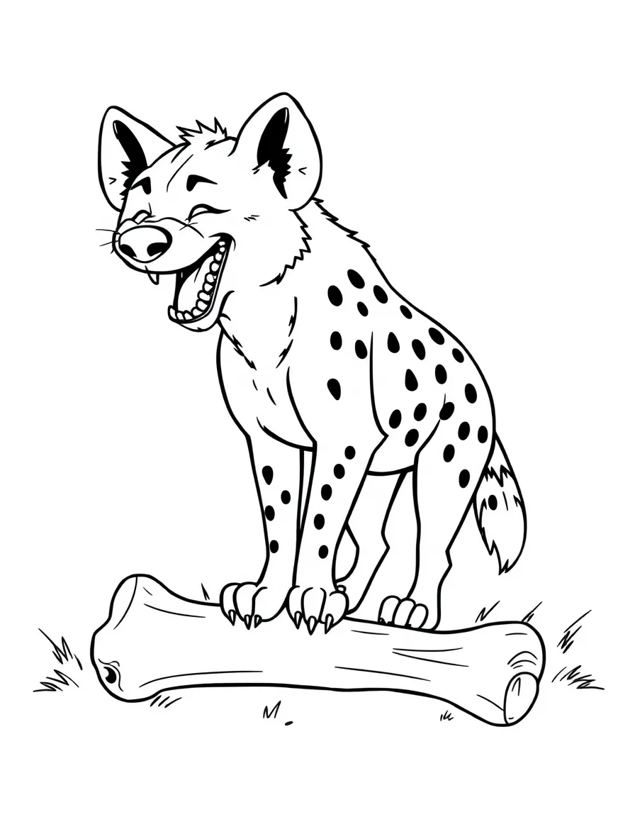 A hyena laughing while standing over a bone.