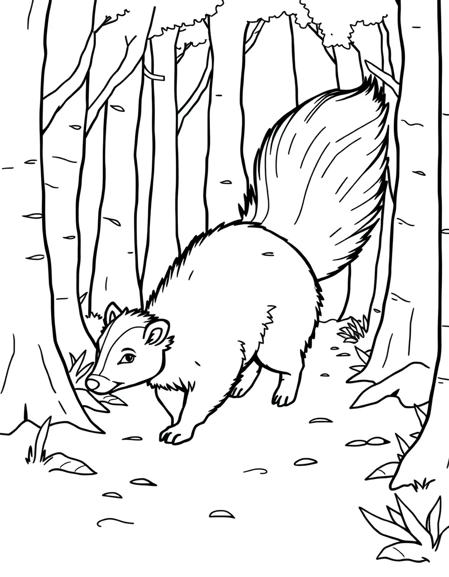 A skunk walking through the forest with its tail raised high.