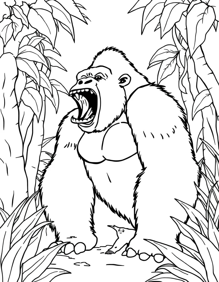 A gorilla beating its chest in the jungle.