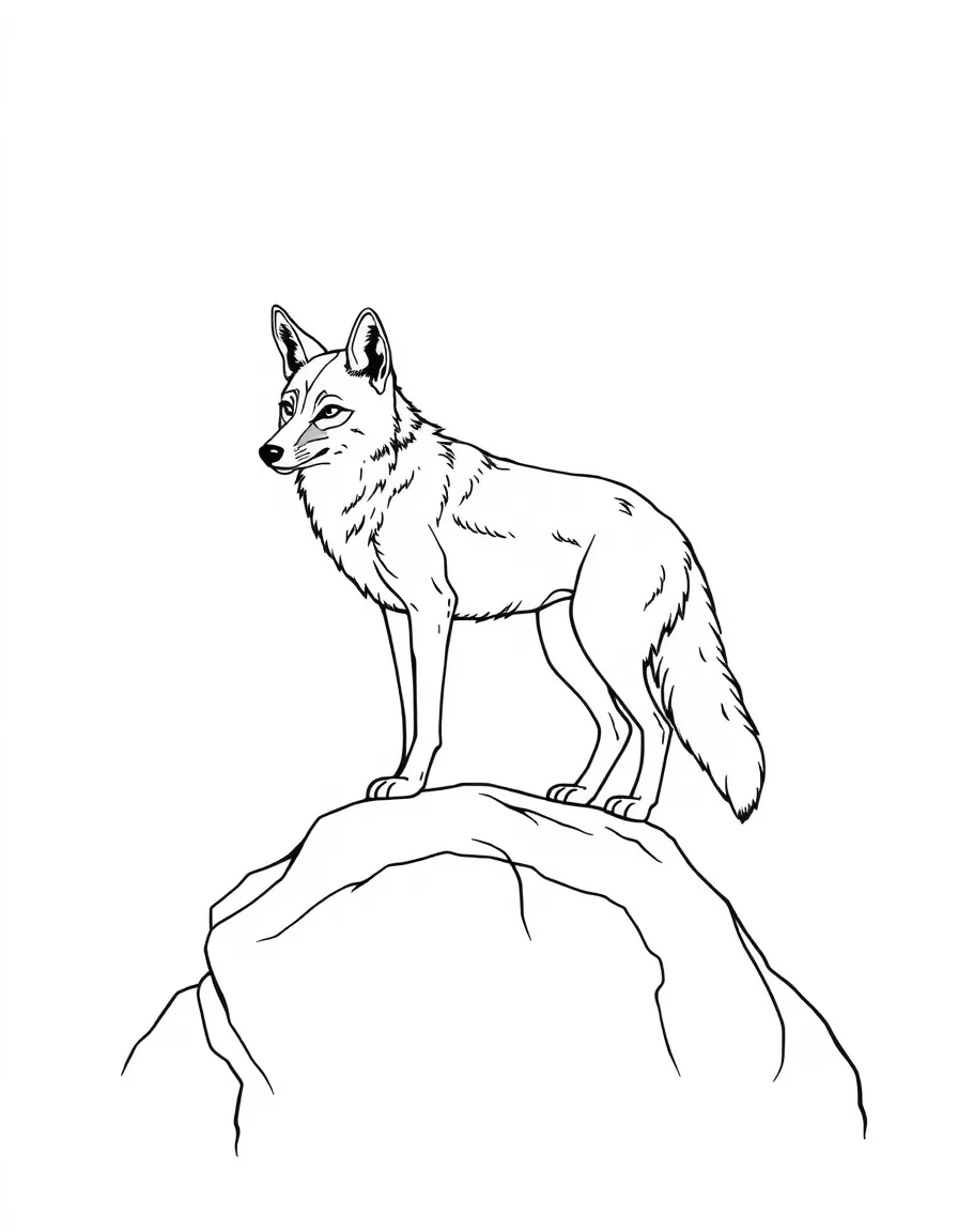 A coyote standing on a rock, surveying its territory.