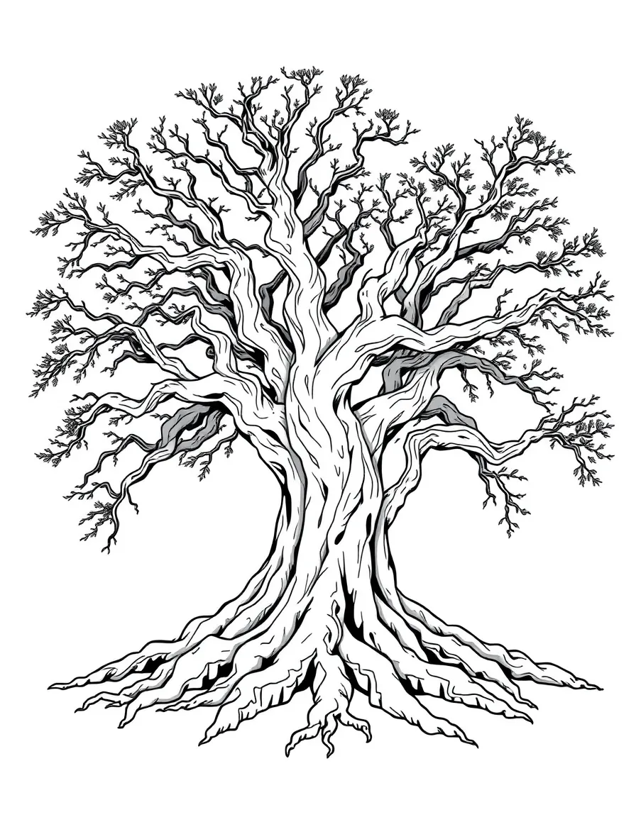 Ancient oak tree with sprawling branches and exposed roots