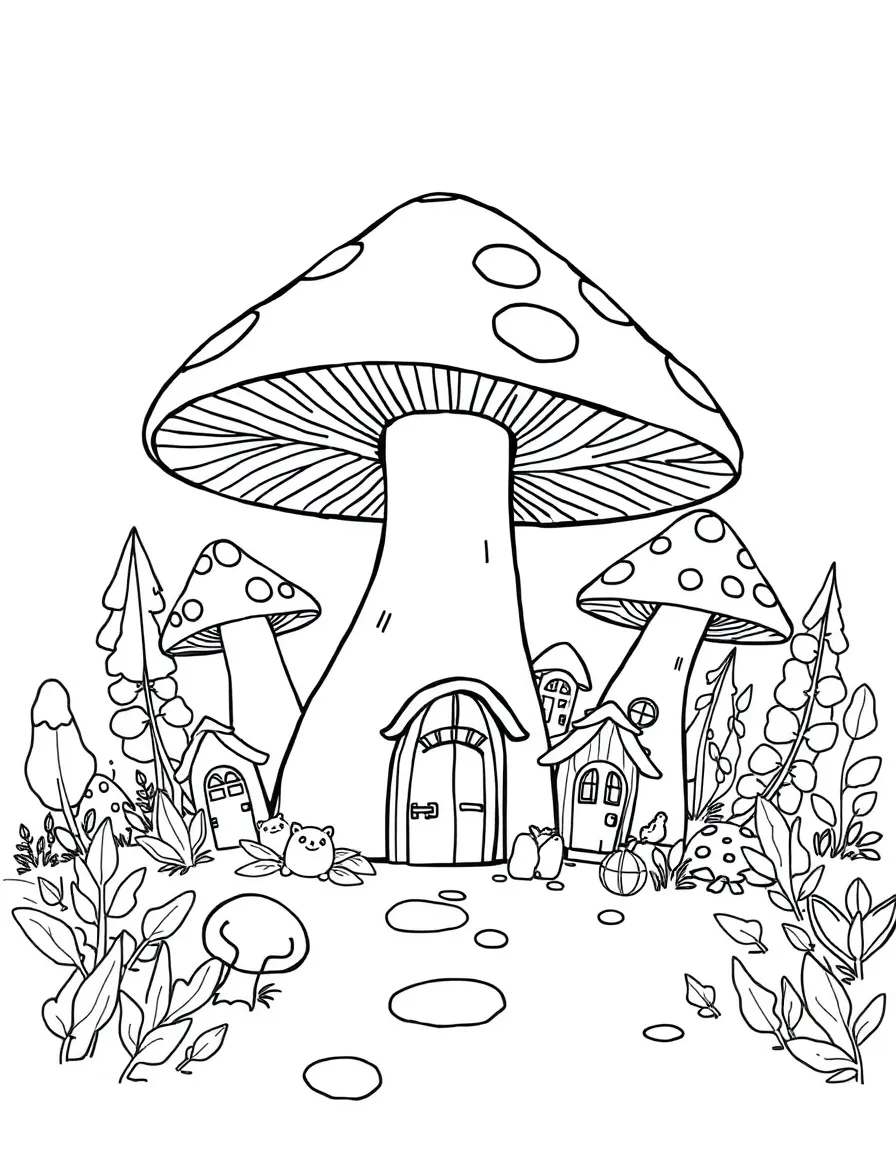 Mushroom village with tiny doors and windows hidden among forest floor