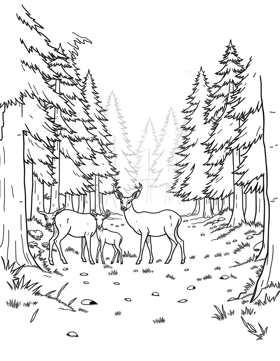 Deer family grazing in a sunlit forest clearing