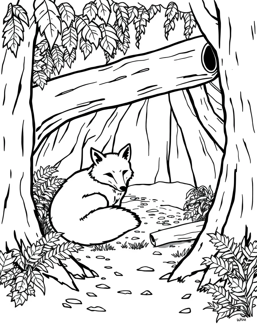 Fox den nestled under fallen logs and ferns