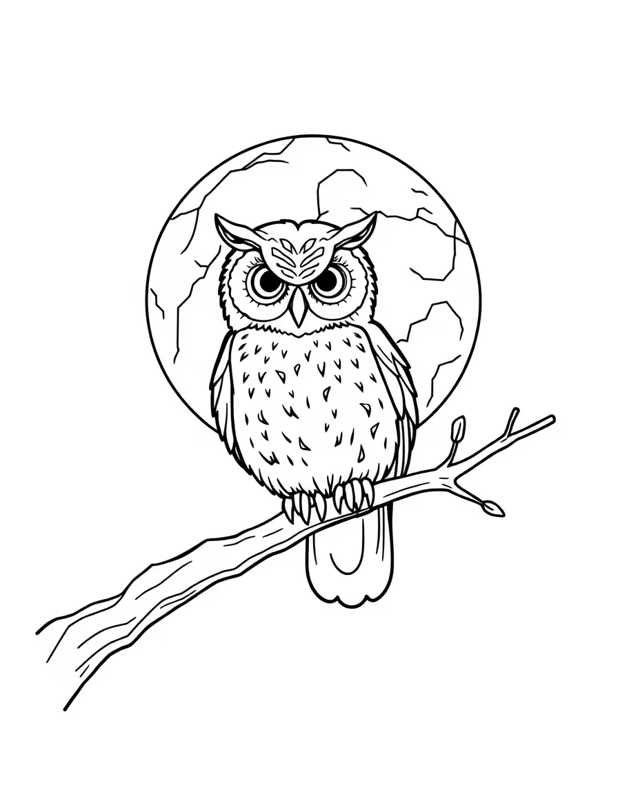 Owl perched on a branch with the full moon behind it