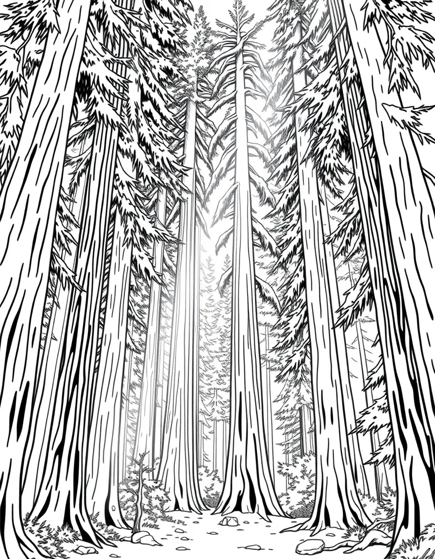 Towering redwood forest with sunlight streaming through