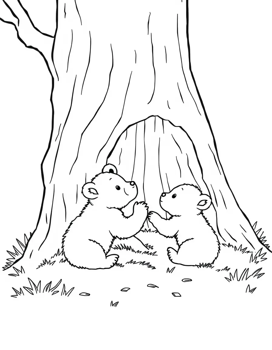 Bear cubs playing near a hollow tree trunk