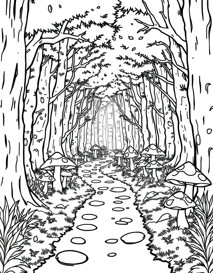 Enchanted forest pathway lined with glowing mushrooms
