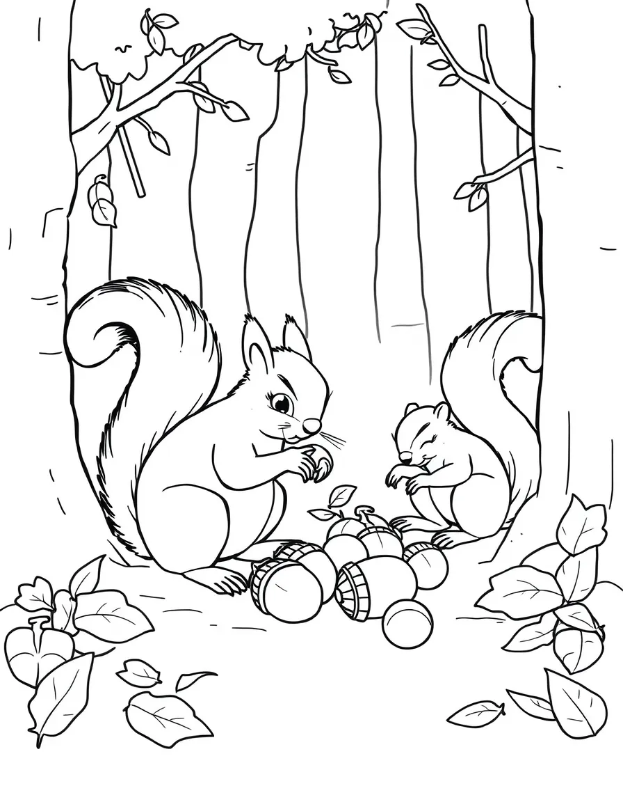 Squirrels gathering acorns on forest floor