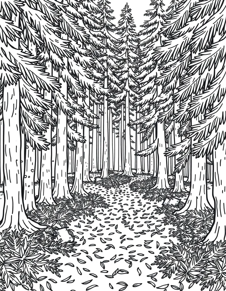 Dense pine forest with a carpet of fallen needles