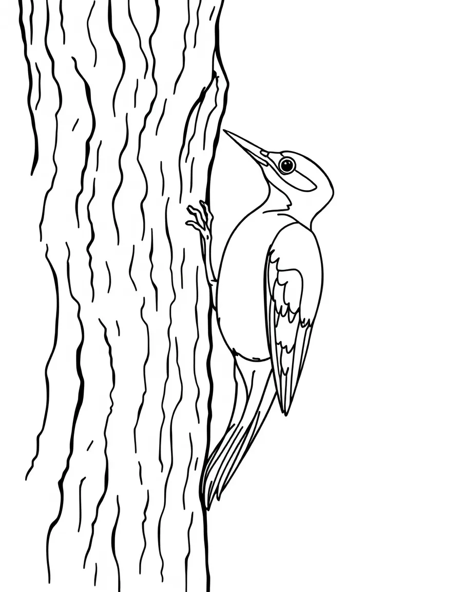 Woodpecker on the side of a textured tree trunk
