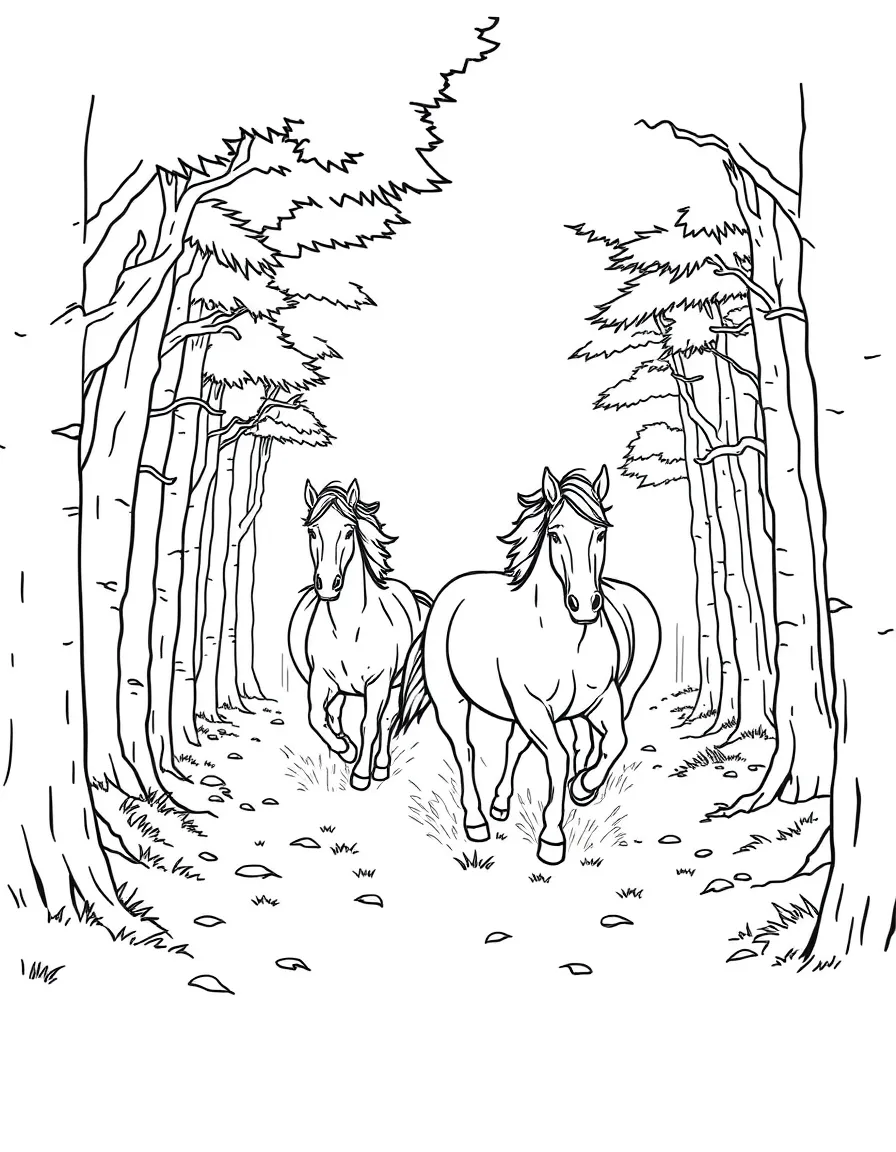 Wild horses running through a forest opening