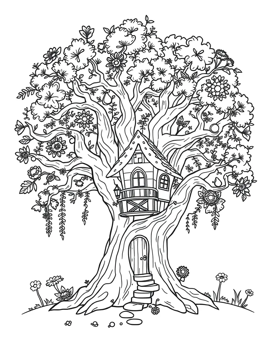 Fairy tree house built into the crook of a massive oak