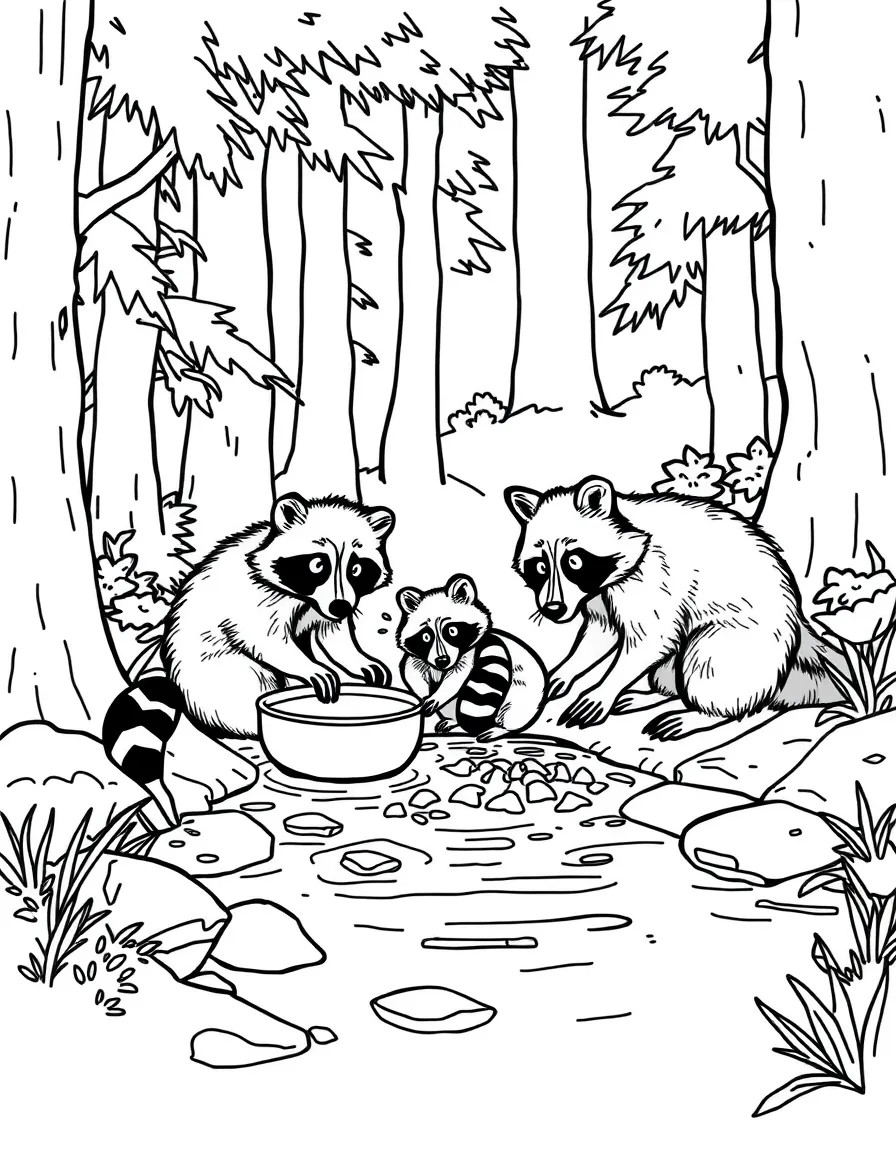 Raccoon family washing food at the edge of a forest stream