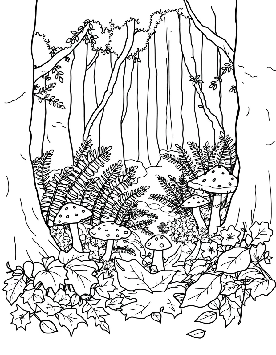 Forest floor detailed with ferns, mushrooms, and fallen leaves