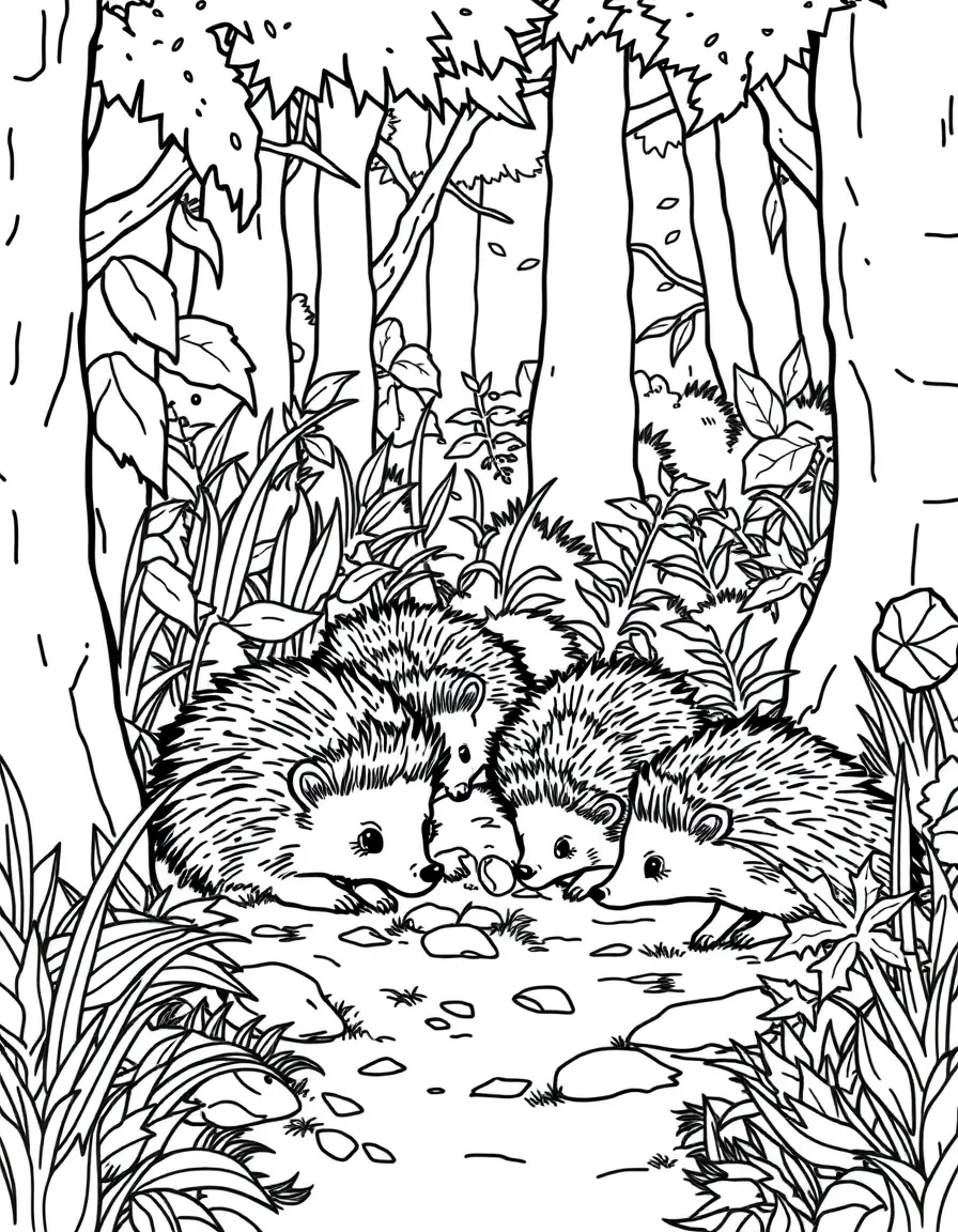 Family of hedgehogs foraging among forest underbrush