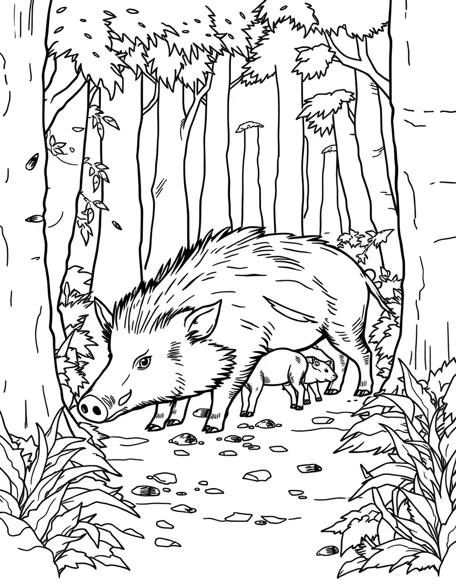 Wild boar family rooting through forest undergrowth