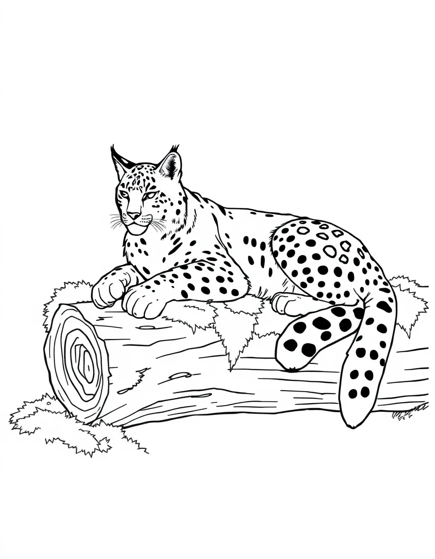 Lynx resting on a fallen log covered in moss