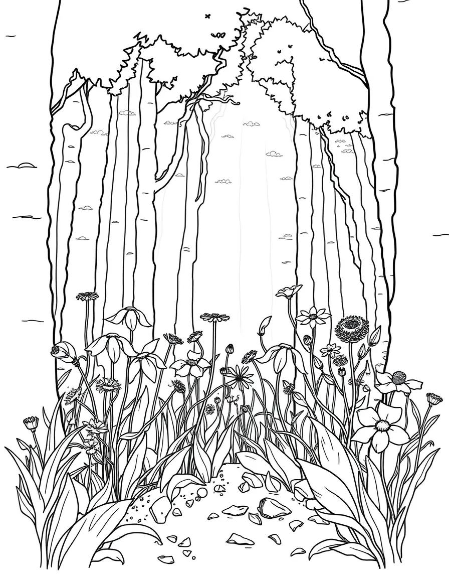 Forest wildflowers blooming in a patch of sunlight