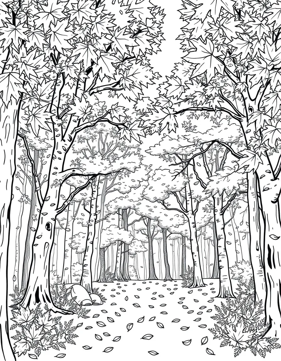 Maple forest in autumn with detailed falling leaves