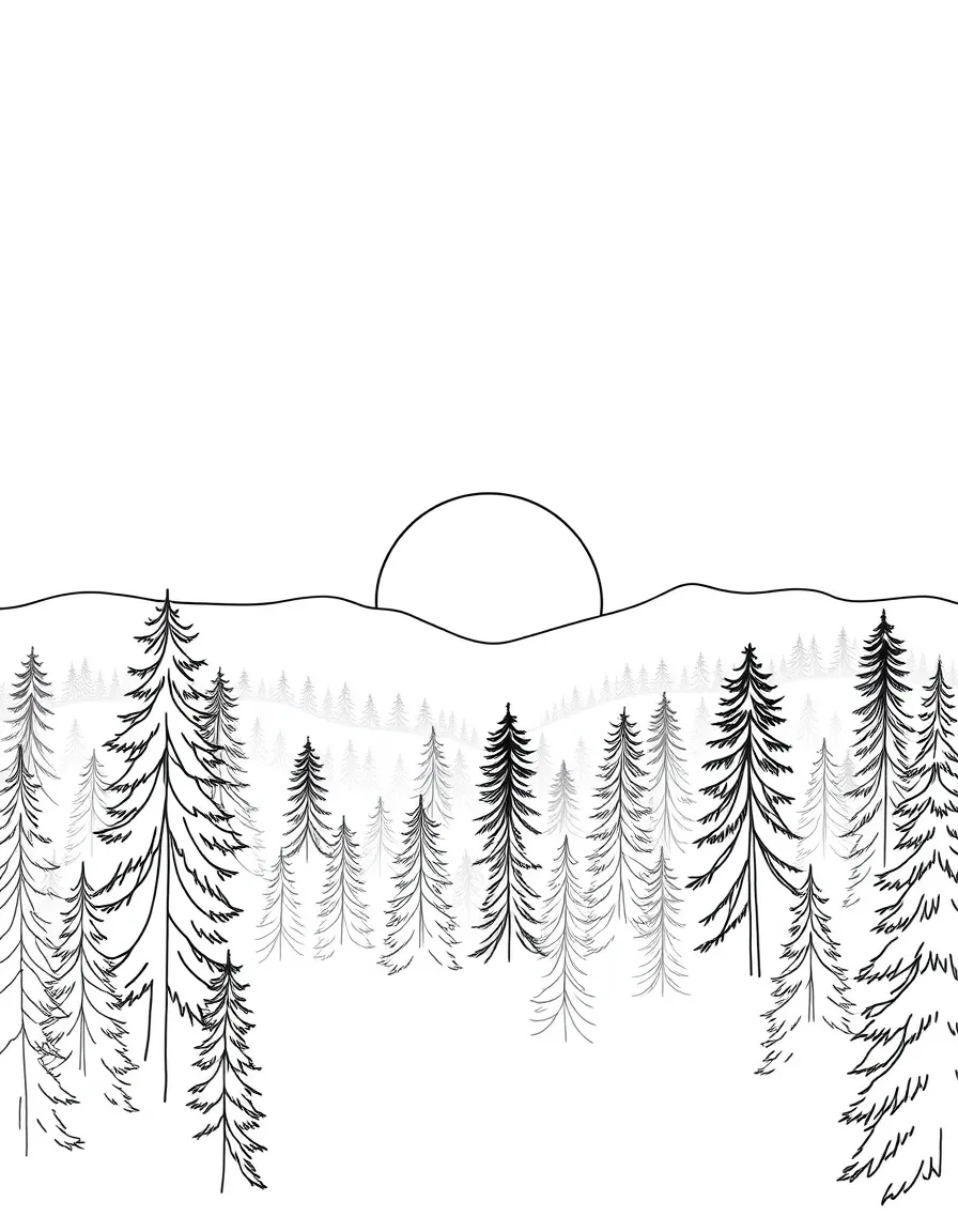 Dawn breaking over misty forest treetops