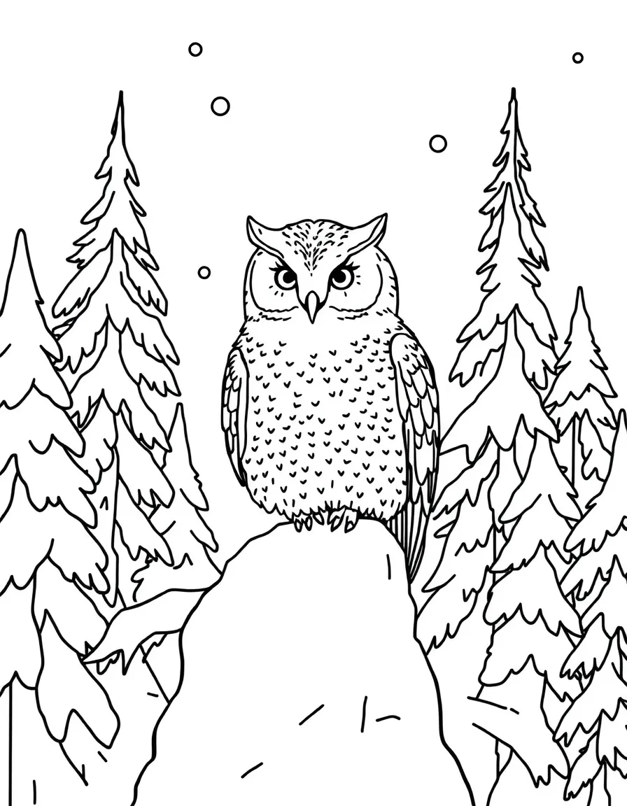 Snowy owl perched in a winter pine forest
