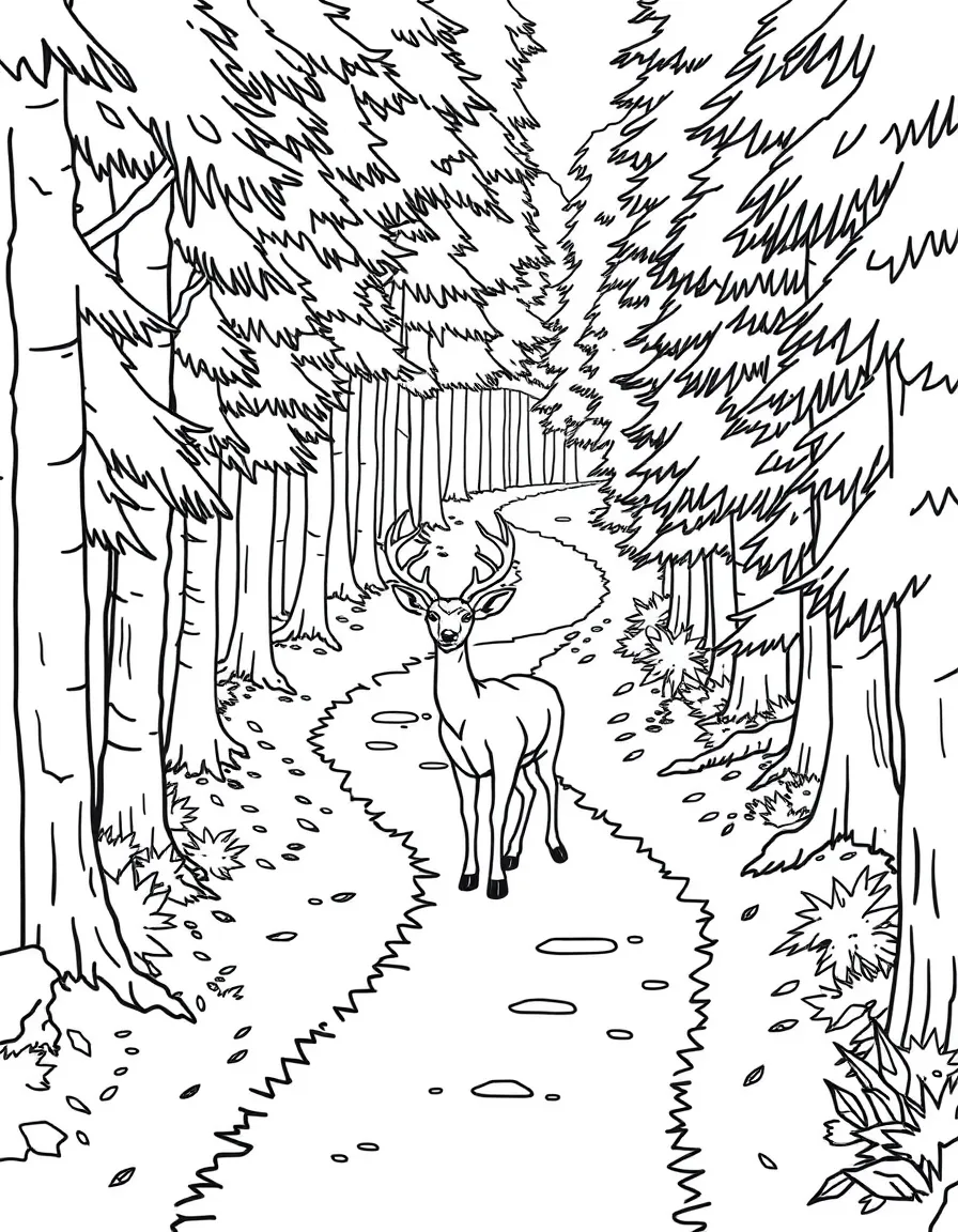 Deer following a winding path through dense woods