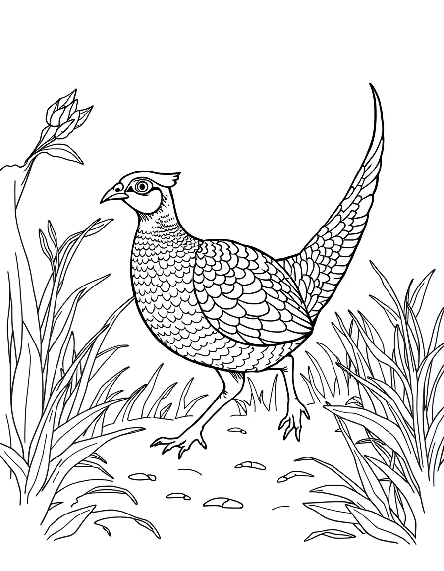 Pheasant walking through undergrowth with detailed feathers