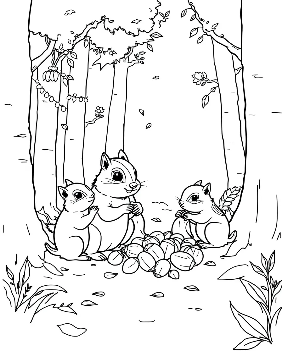 Family of chipmunks gathering seeds in a forest glade