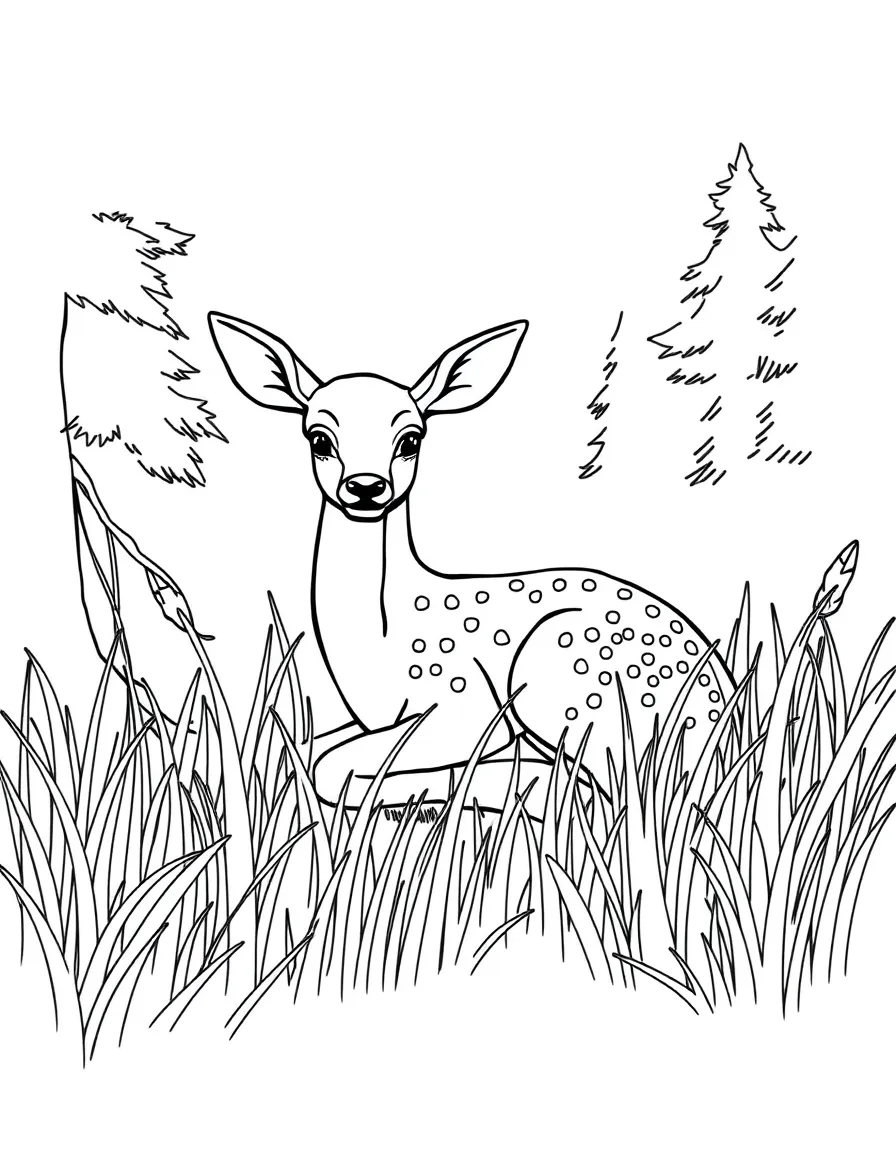 Fawn resting in tall grass at forest edge