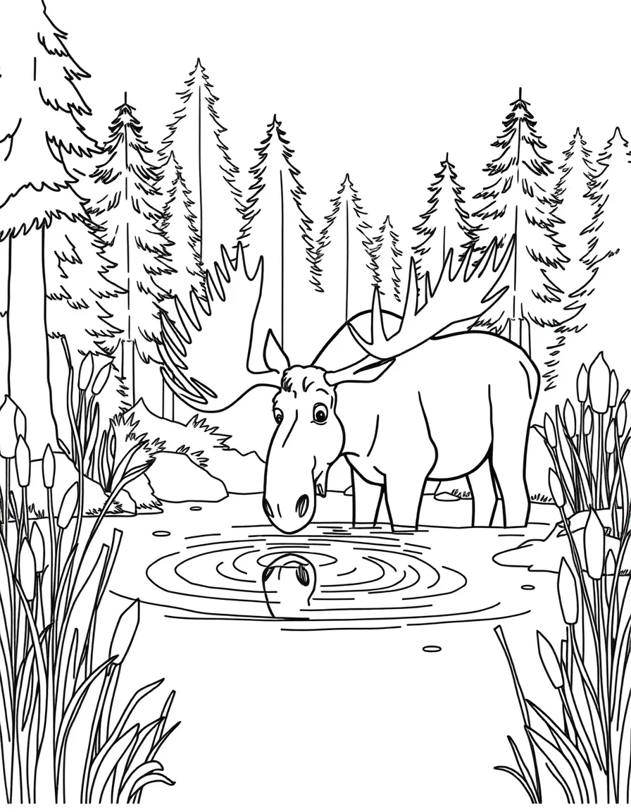 Moose drinking from a forest pond surrounded by cattails