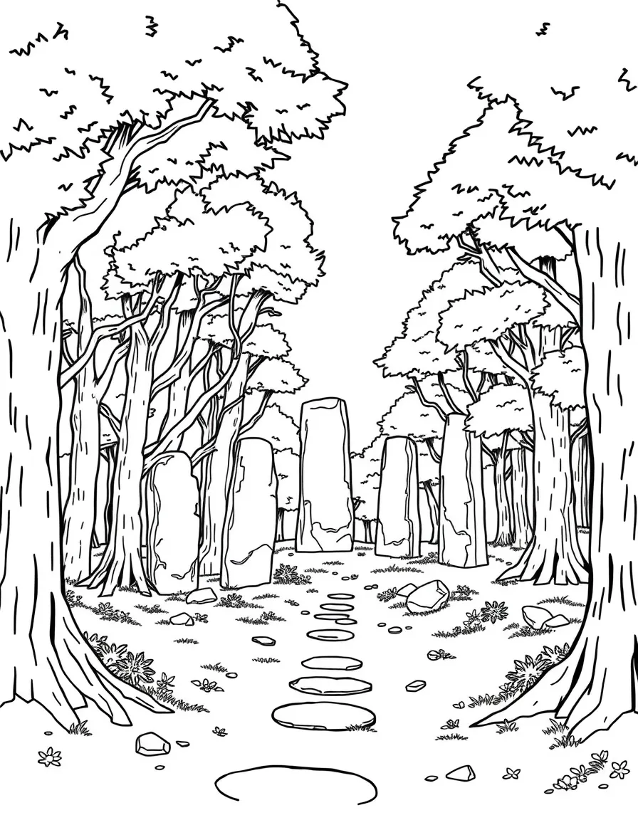 Sacred grove with ancient stone monoliths among the trees