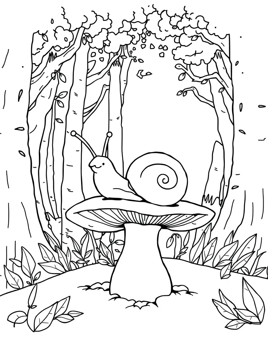 Snail on a mushroom with intricate forest background