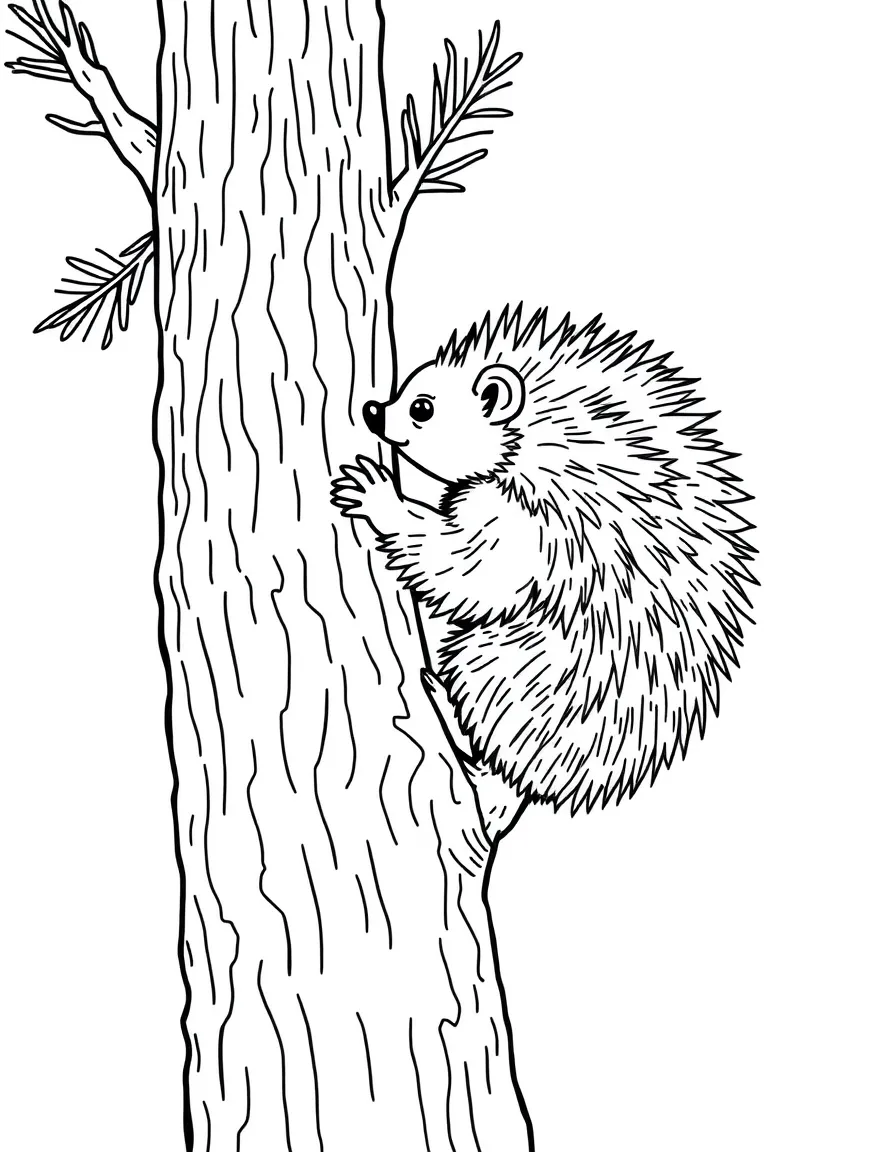 Porcupine climbing a textured pine tree