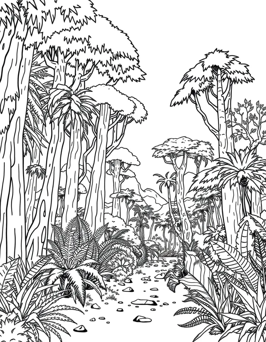 Prehistoric forest with towering ferns and primitive trees