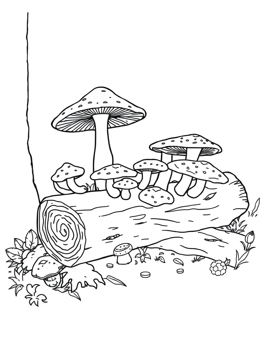 Forest fungi in various shapes growing on a fallen log