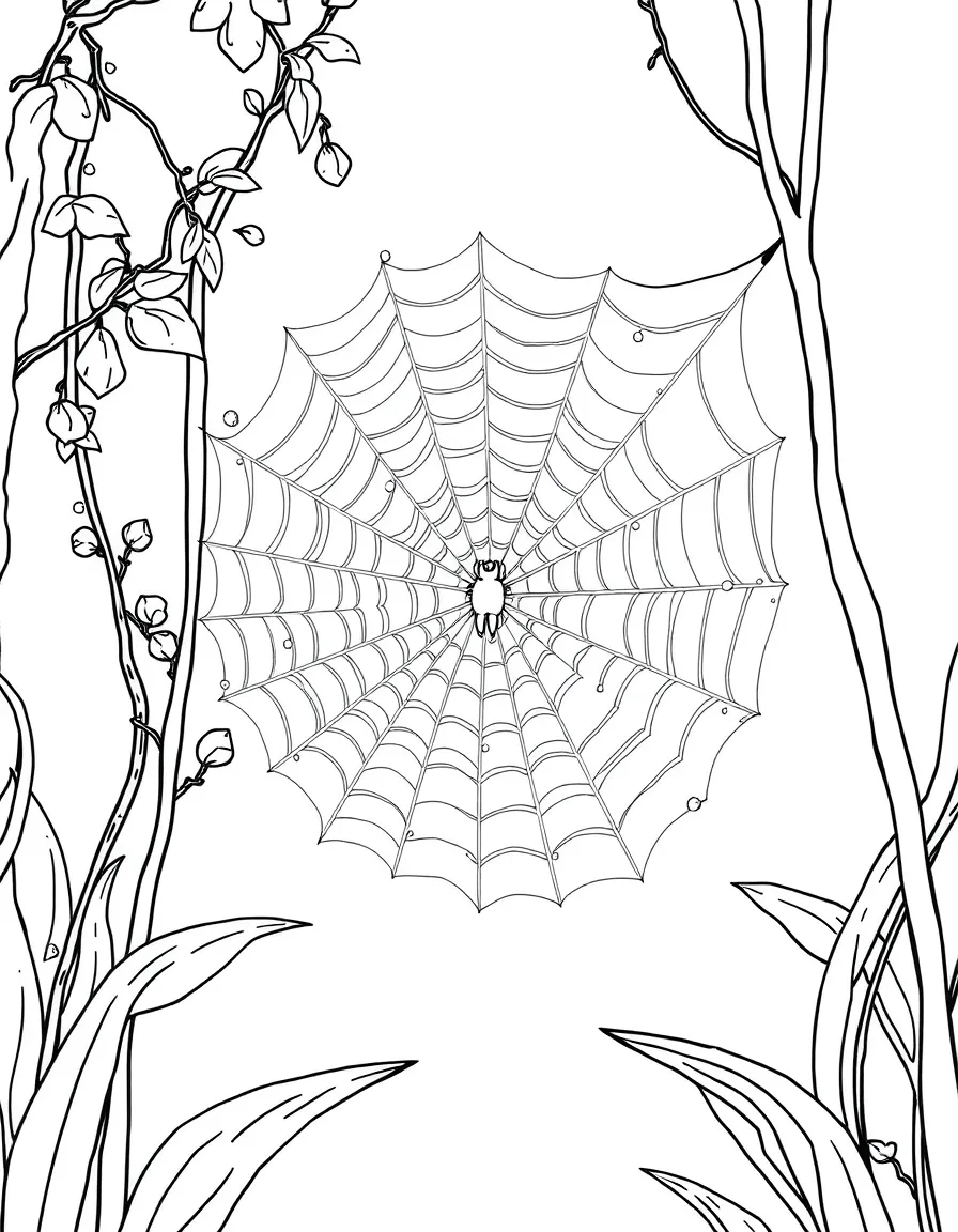 Morning dew on intricate spider webs between forest plants