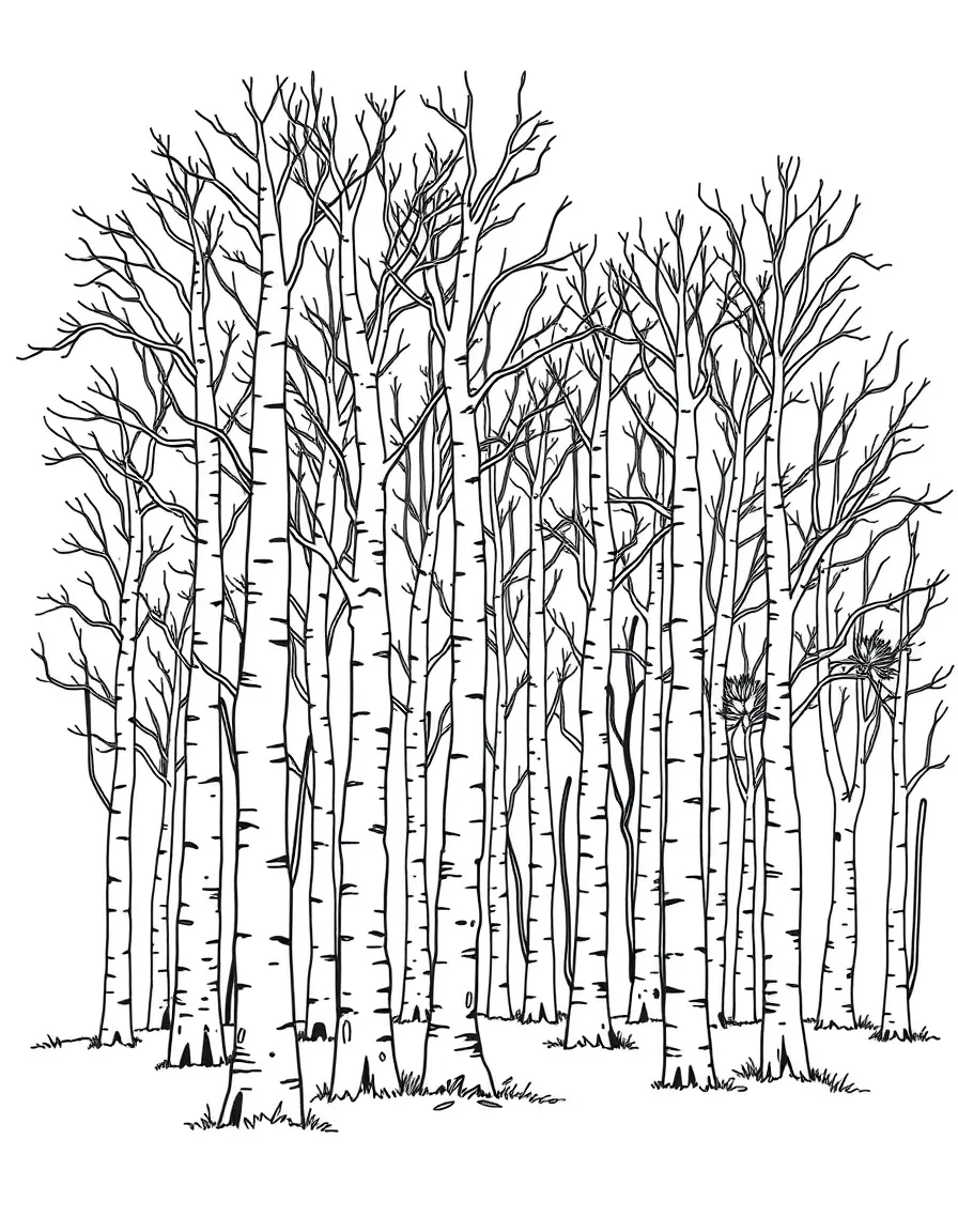 Grove of aspen trees with detailed white bark