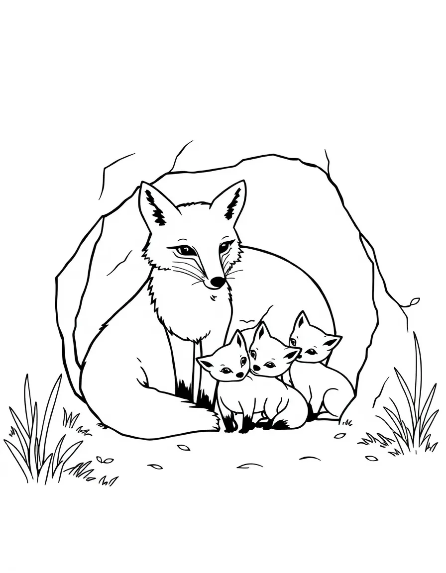 Mother fox with kits at den entrance