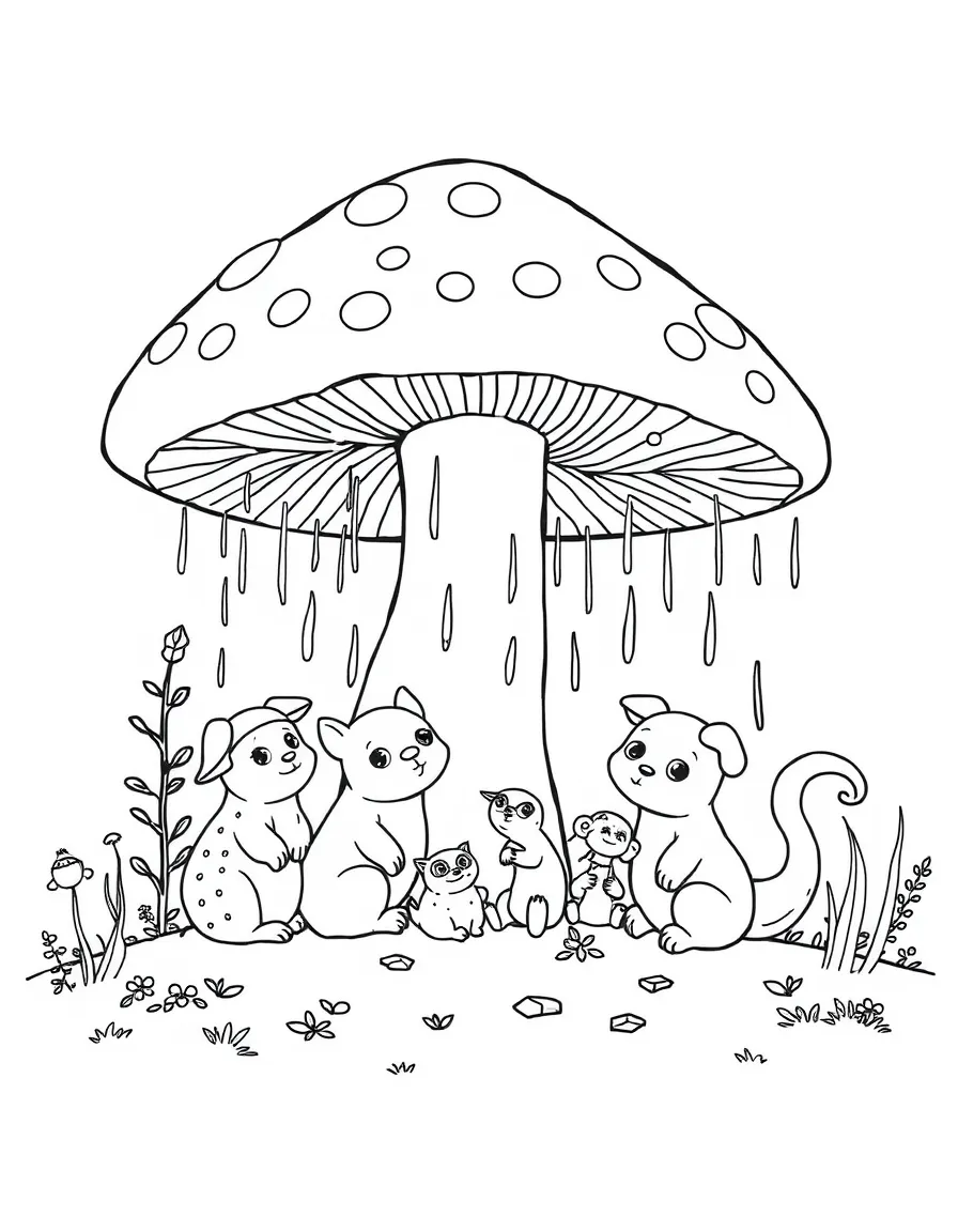 Woodland creatures sheltering from rain under giant mushroom