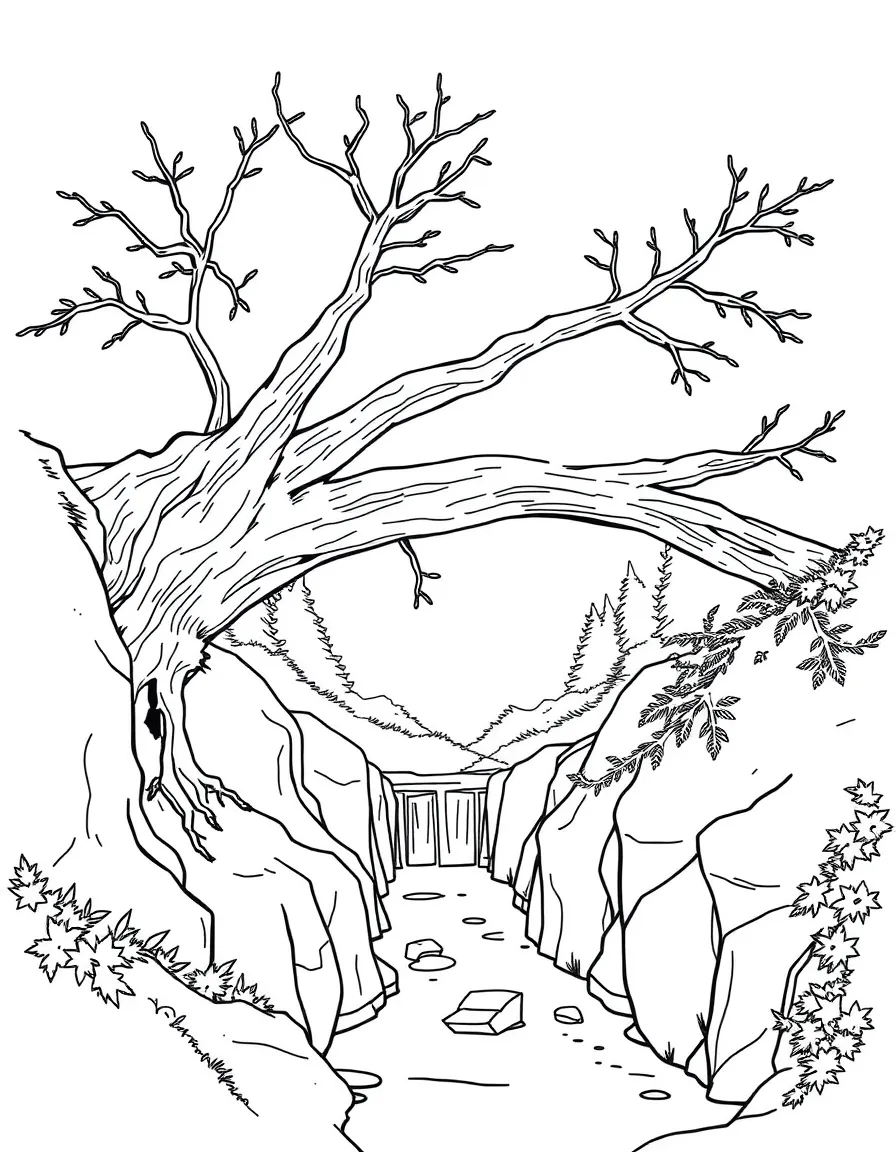 Fallen tree creating a natural bridge over a ravine