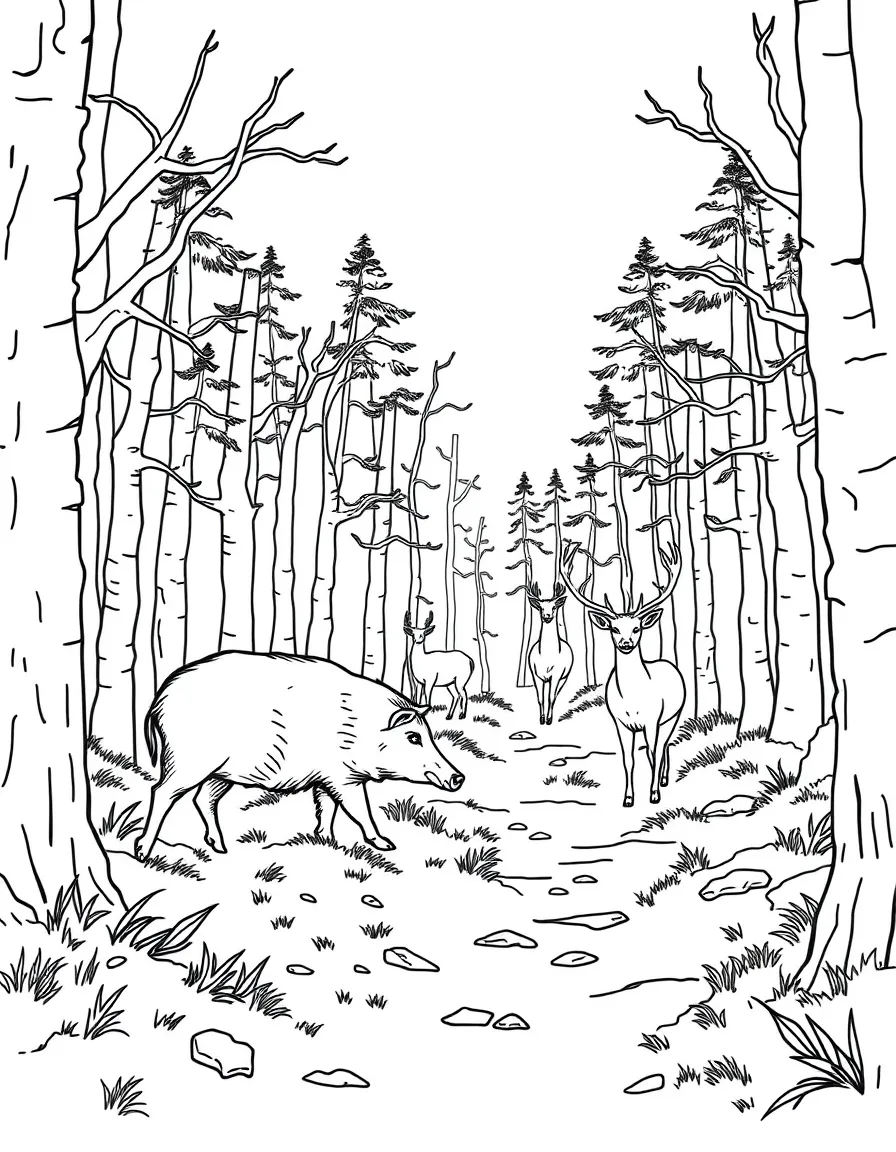 European wild forest with boars and deer