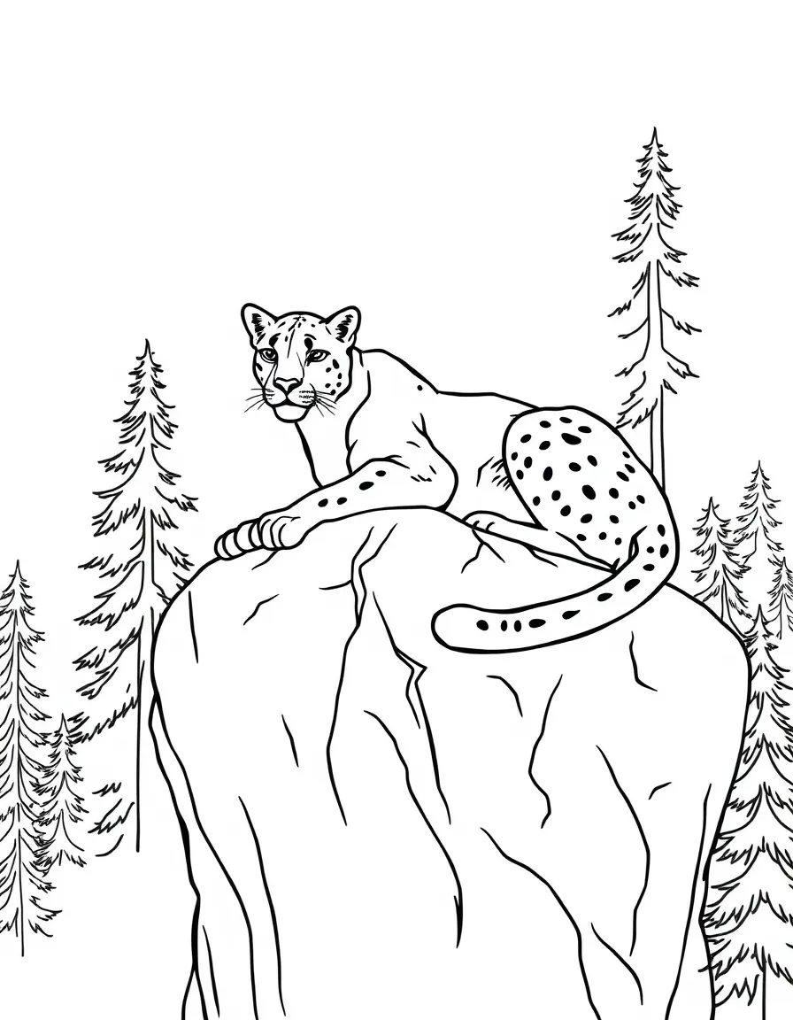 Cougar resting on a high forest rock ledge