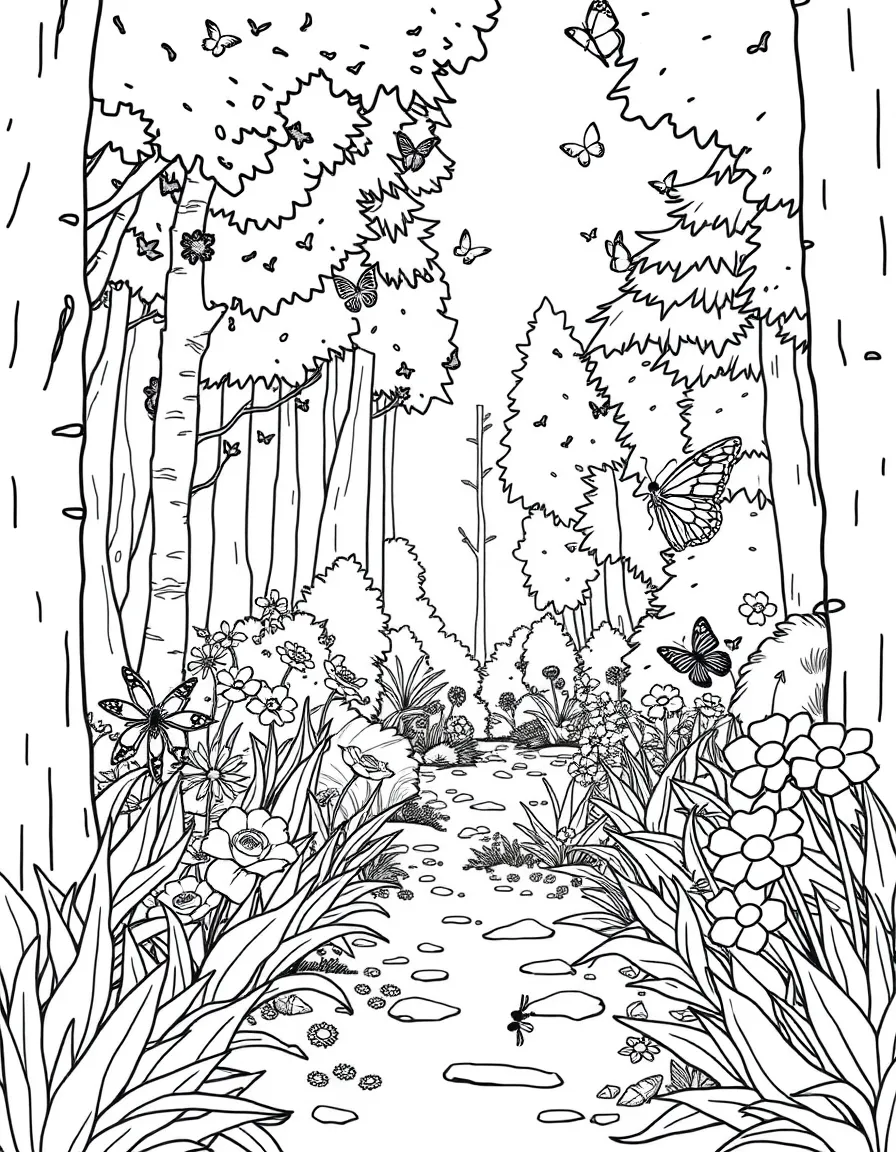 Butterfly garden in a forest clearing